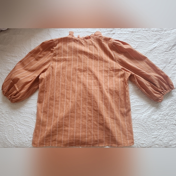 Dazy Stripped Ruffle Neck Lantern Sleeve Blouse - Picture 3 of 5